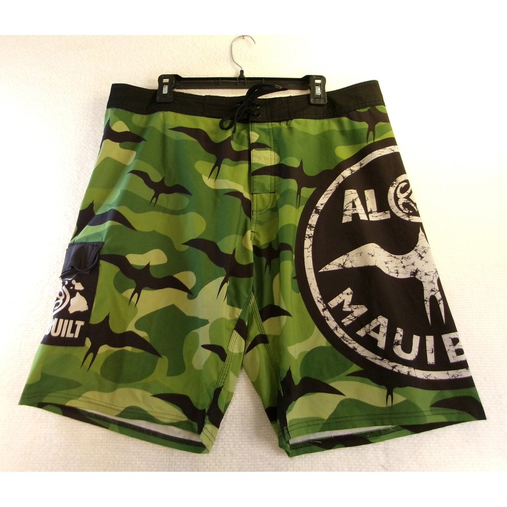 MauiBuilt Mens 38 Board Shorts Green Camo Aloha Culture Bird Print Cargo Pocket